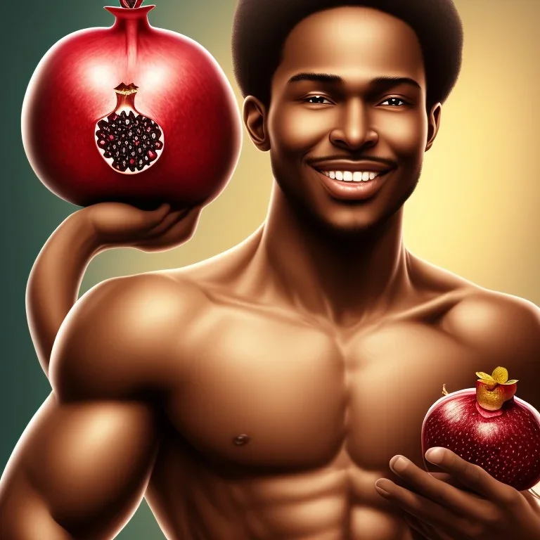 Buff black man gives you an Pomegranate and smiles at you