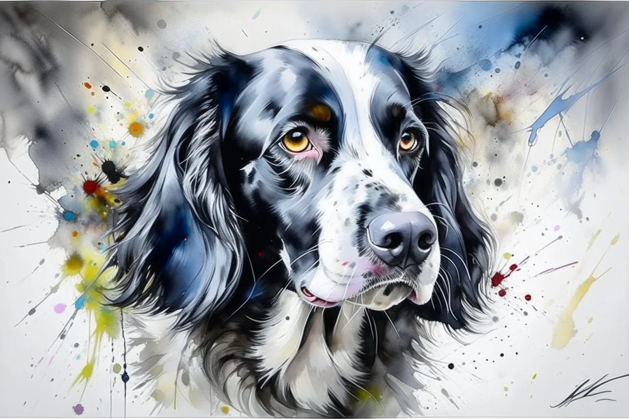 A portrait of a springer spaniel by Agnes Cecile, Willem Haenraets, loose watercolour, wet on wet and splattering and dripping techniques, centred, perfect composition, abstraction, colours of grey and cream