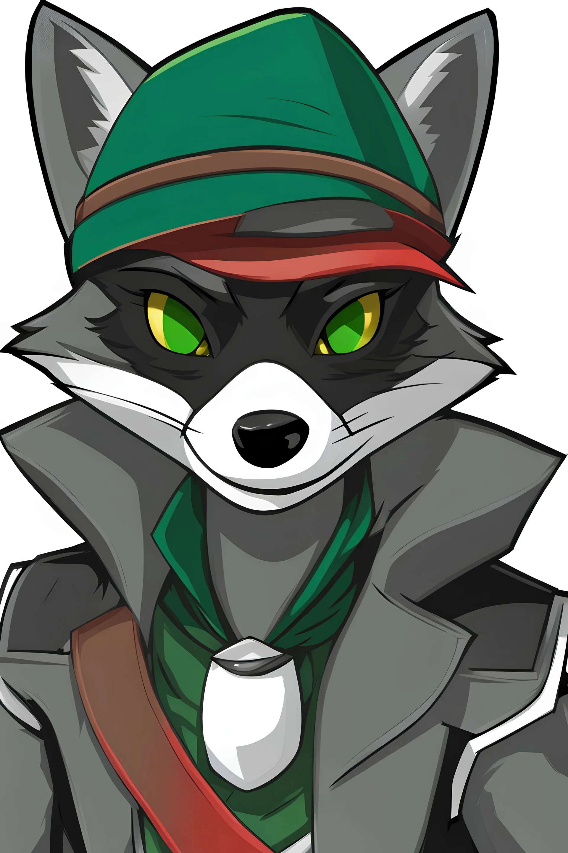 Make a Sly Cooper: Thieves in Time styled oc. He is a raccoon with sleek, charcoal-gray fur and emerald-green eyes. He has a sly and mischievous expression, with a black mask-like pattern around his eyes. He wears a tattered, dark blue bandit's outfit with a red sash and a feathered hat that adds to his roguish charm. He also sports a leather pouch at the base of his tail for carrying stolen treasures.