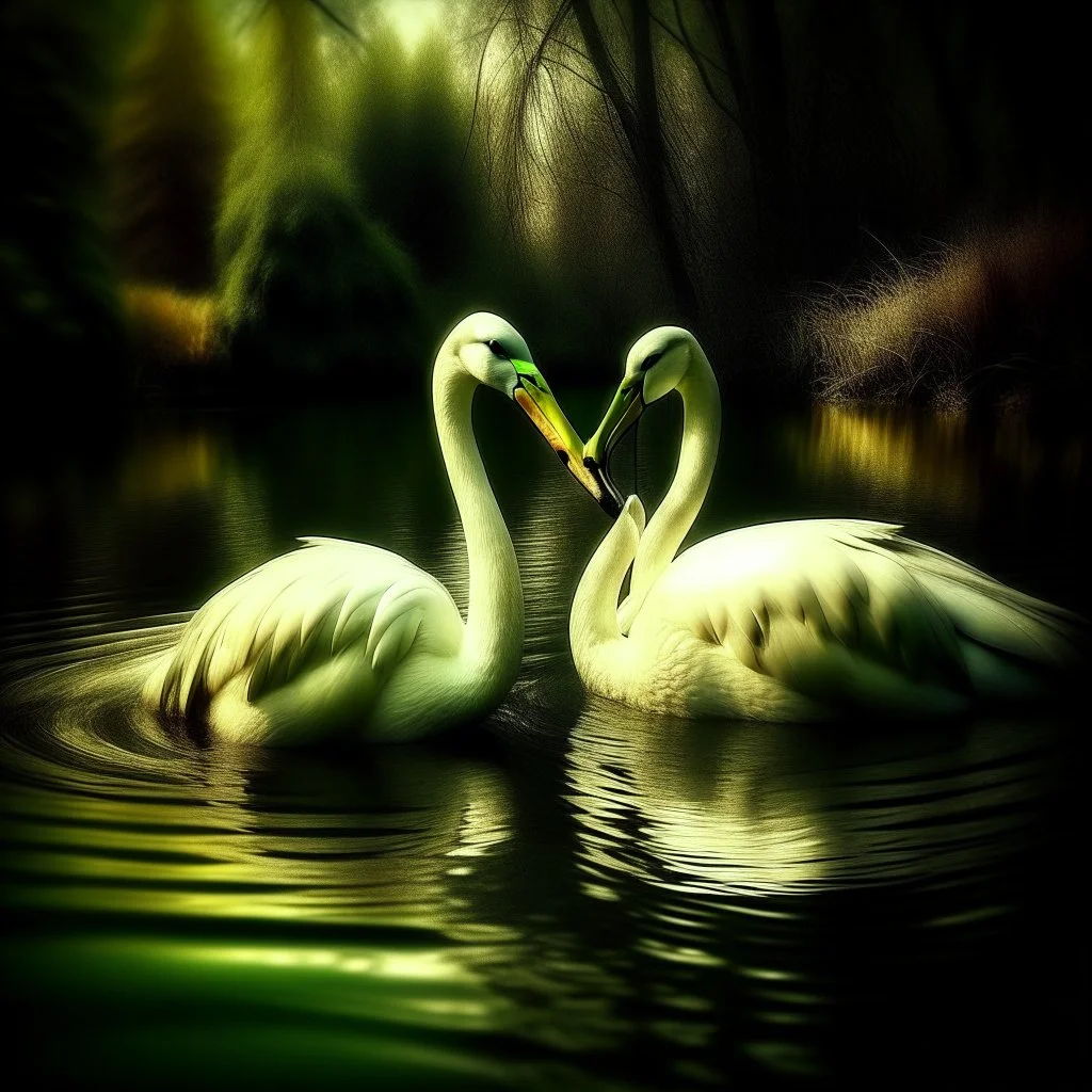 two swans in a romantic lake, dark green and warm yellow color, fantasy atmosphere