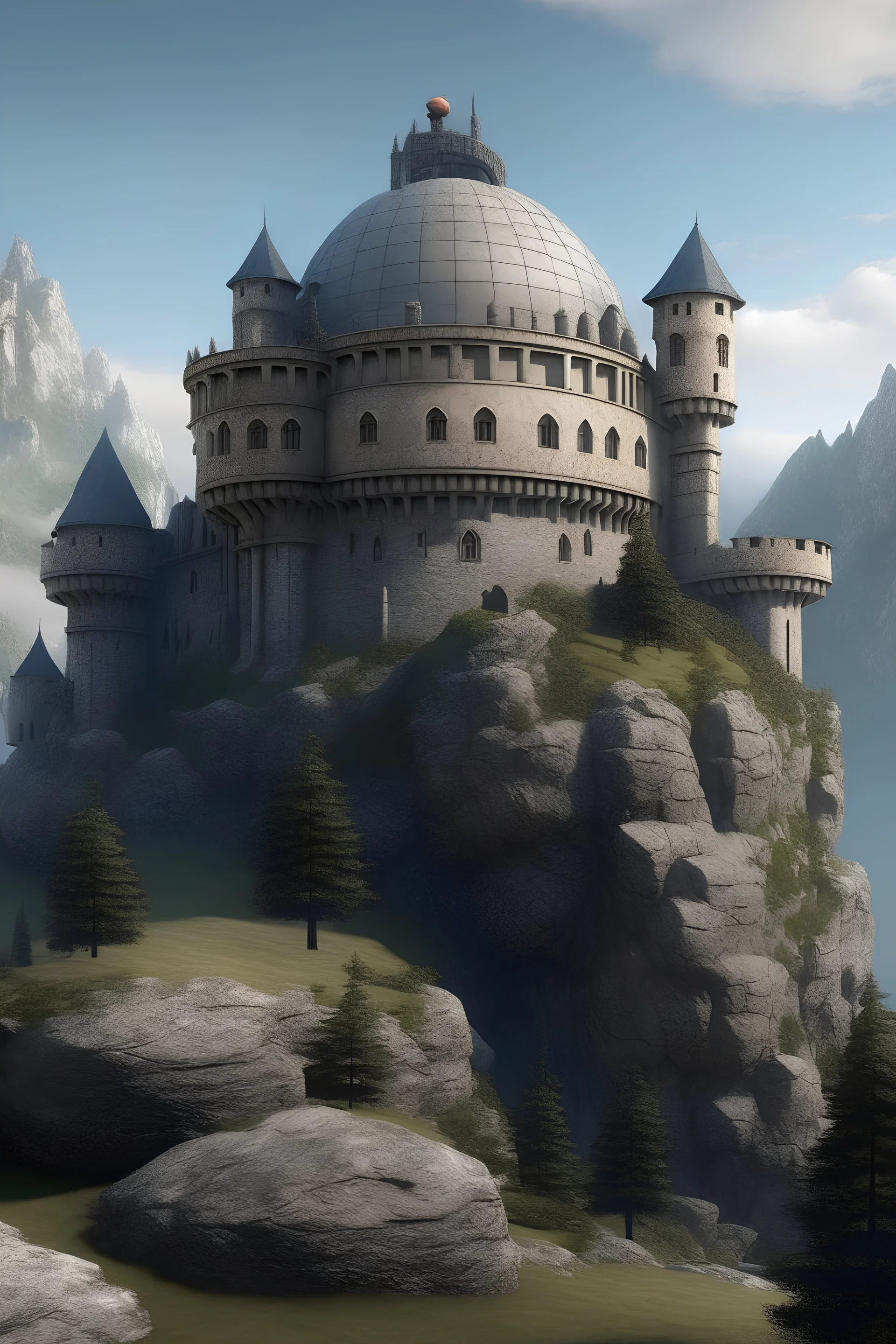 Castle inside of a Mountain with a huge round rock on its side