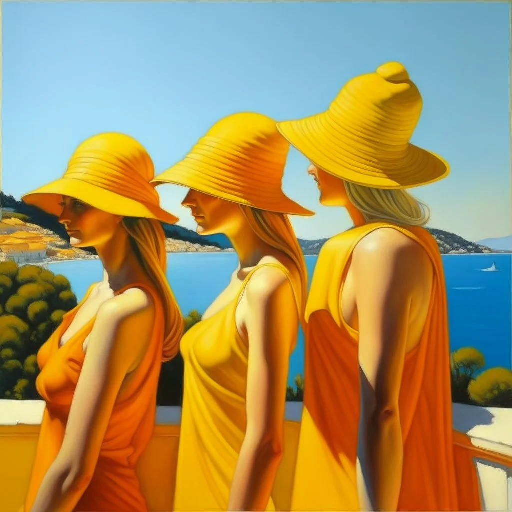 Neoclassicism realistic yellow orange cote d'azur sea 3 woman