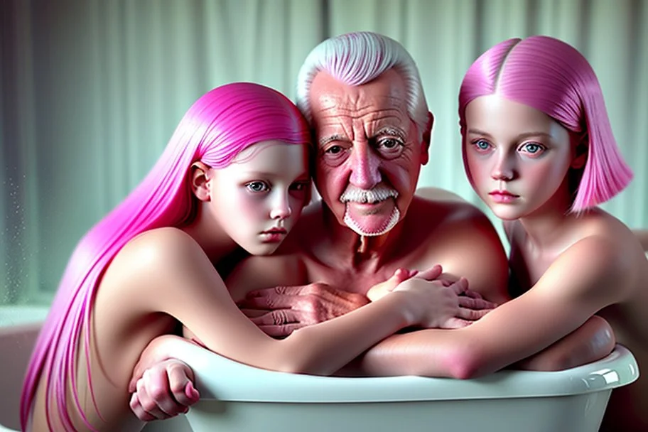 digital art of beautiful young pink hair teenage girls with dad in the bedroom in a bathtub with grandpa hugging bare lips