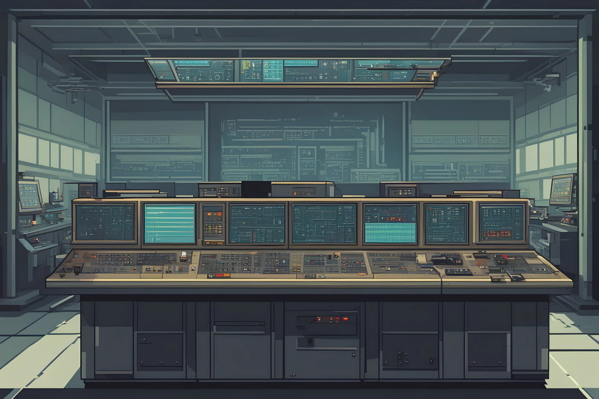 a control desk of a nuclear plant, in pixel art