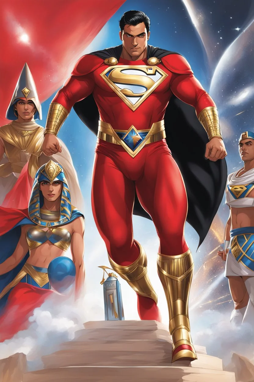 Mohamed Ramadan . Super hero . An Egyptian wears an Egyptian Superman in an advanced suit. In red colour. And white. And black. . And his pharaoh's armor is advanced