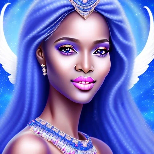 portrait of a beautiful somalian woman with an angel face smiling,long blond hair, blue eyes, pink and blue dress, jewels, soft light aura