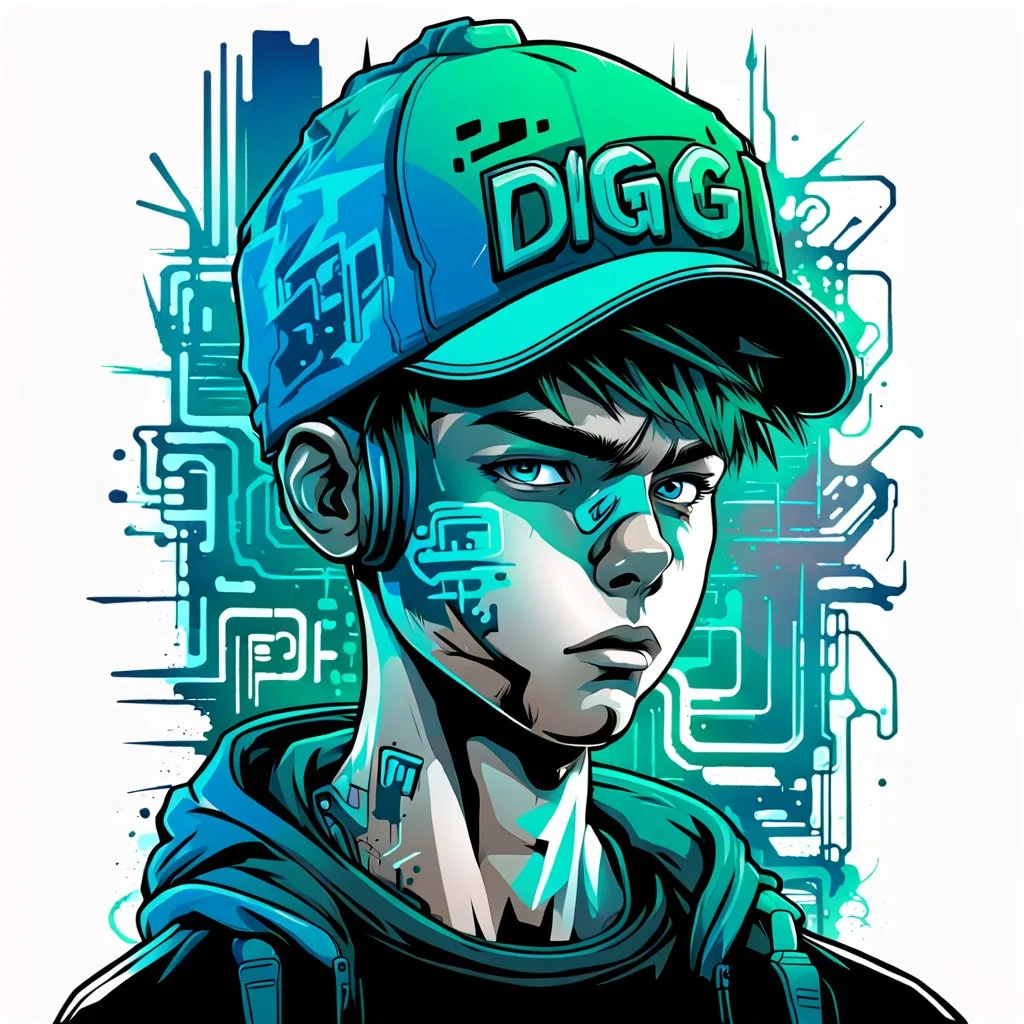 Vector t shirt art ready to print blue green light color graffiti illustration of a cyberpunk boy and a basecap with text "digi" On cap, white background.