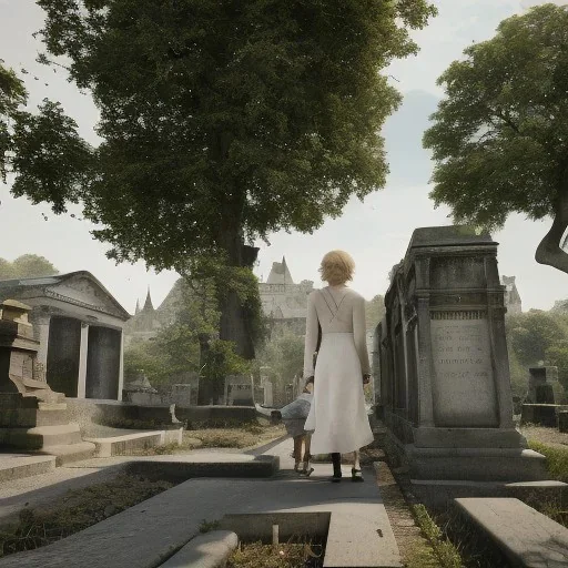 a couple walking in Père Lachaise cimetery in Paris, the woman has blonde hair and is wearing a white dress and is pointing something in the background, hyper-realistic style, cinematography, 4K