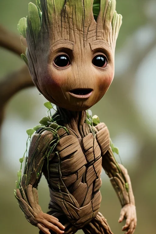 Groot toddler, serious, full body, bokeh, hyper realistic