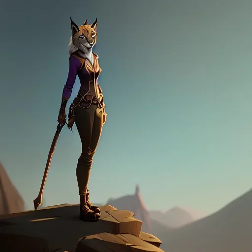 a lynx with golden fur disguised as a person standing on a mountain