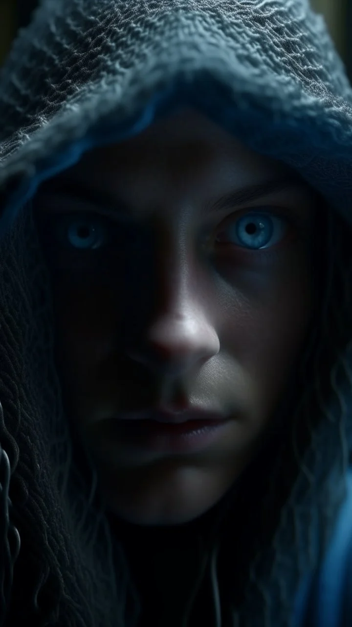 A hyperrealistic shot of A hooded creature in the middle is a blue eye out of a spider web, intricate details, soft natural light, screen captured from 4K Blu-ray