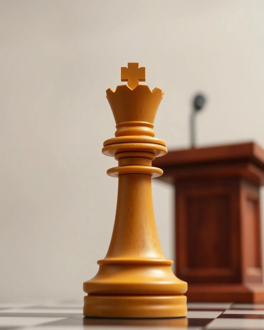a bishop chess piece standing behind a podium