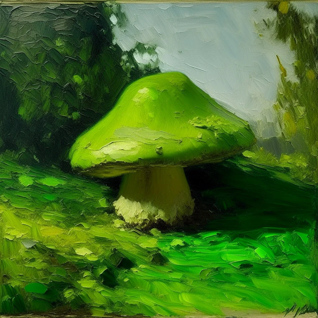 A lime green peak with mushrooms painted by Claude Monet