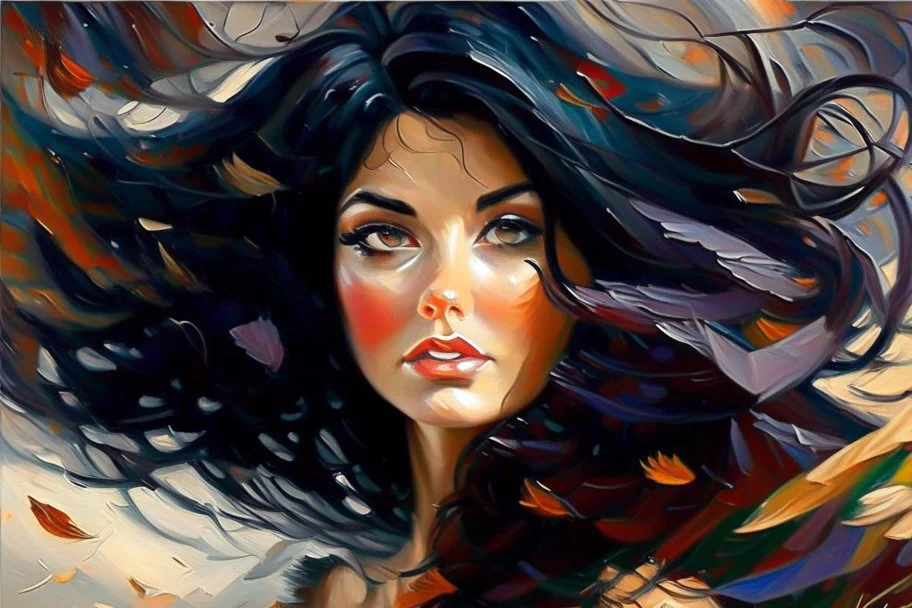 an irresistibly adorable image of a whimsical brunette woman creature with black hair and hazel eyes. Envision a charming being with fluffy, onyx-colored fur or hair that frames its endearing face. in the blowing wind Leonid Afremov