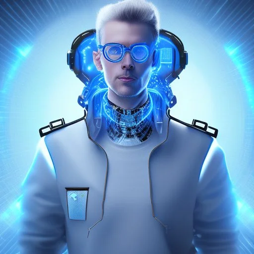 Cyber wizard using glasses with blue matrix backgroud