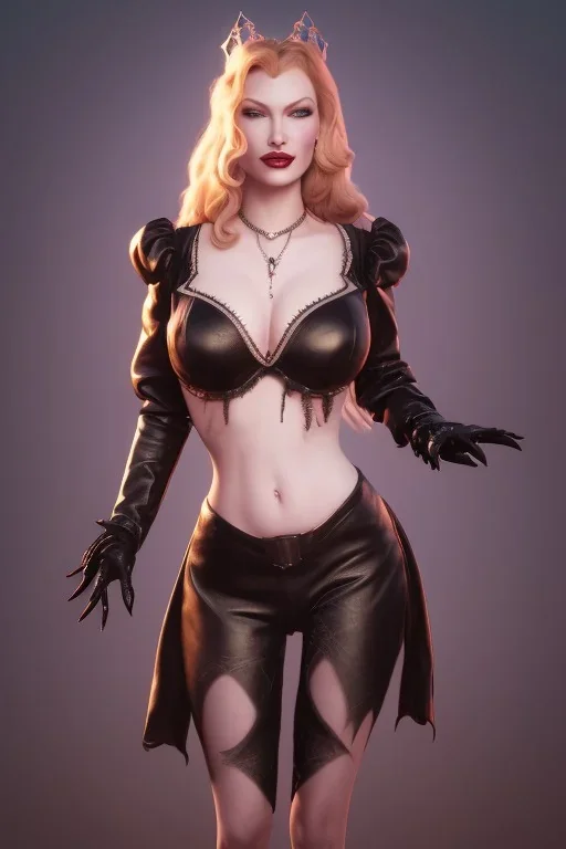 Veronica Lake as evil queen in black leather, busty, cleavage, curvy, angry, stern look. character design by cory loftis, fenghua zhong, ryohei hase, ismail inceoglu and ruan jia. unreal engine 5, artistic lighting, highly detailed, photorealistic, fantasy