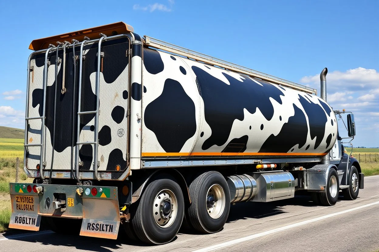 side view of a semitruck for fuel hauling, covered in large black cow spots, photo illustration