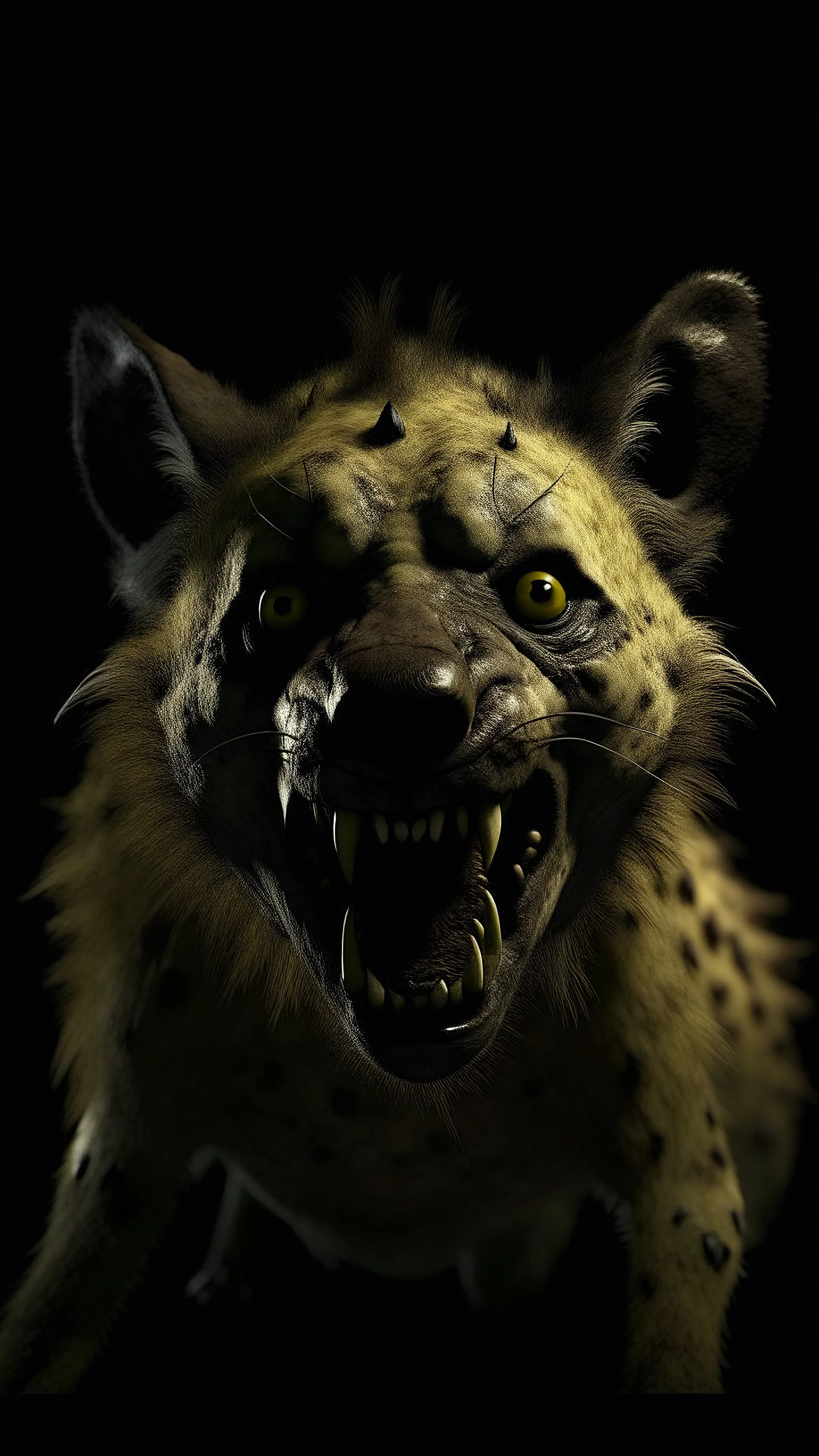 Crafting a terrifying 8K depiction of an evil hyena face with hands up , His presence exudes an unsettling aura of malevolence, instilling fear in all who behold him.