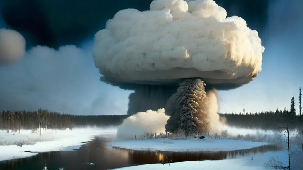 Siberia scenery,taiga forest,winter, fozen river,heavy clouds, consisting of tall trees and dense vegetation, a mushroom-shaped cloud rises into the sky. The cloud is depicted as a massive column of smoke, dust, and debris, ascending vertically and spreading out at the top, forming a distinctive mushroom-like shape, a barren and desolate scene, with charred remnants of trees scattered across the scorched earth, high resolution photo 24K, high quality, ultraHD, cinematic lighting,