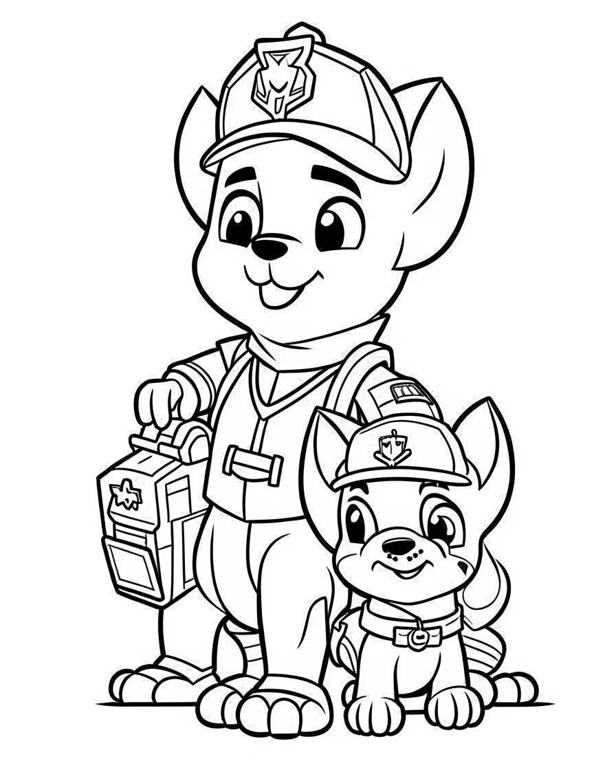 outline art for Paw Patrol and Baby Rubble coloring page, Japanese manga style, cartoon style, cute face, white background sketch style, full body is a must, only use outline, clean line art, no shadow, bold outline