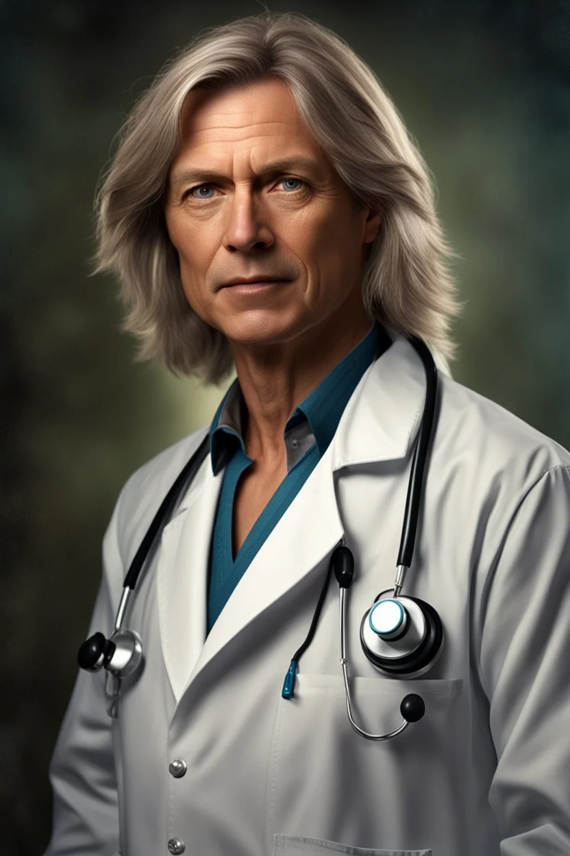 Portrait of a middleaged norwegian doctor with shoulder length hair, photorealistic, fantasy