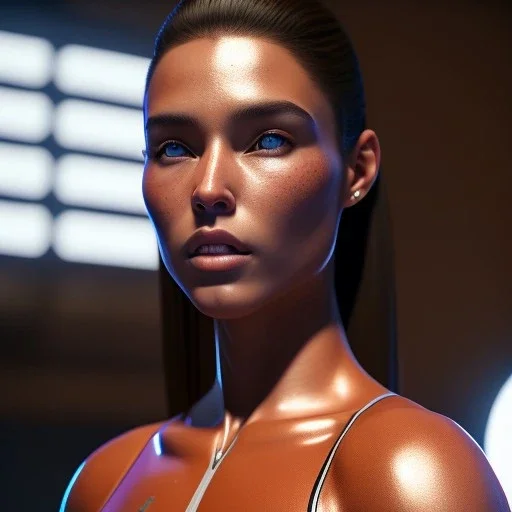 Beautiful athletic Girl on a bed, photorealistic, shiny skin,fantasy art style, 8k resolution, ultra detailed, rendered, unreal engine 5