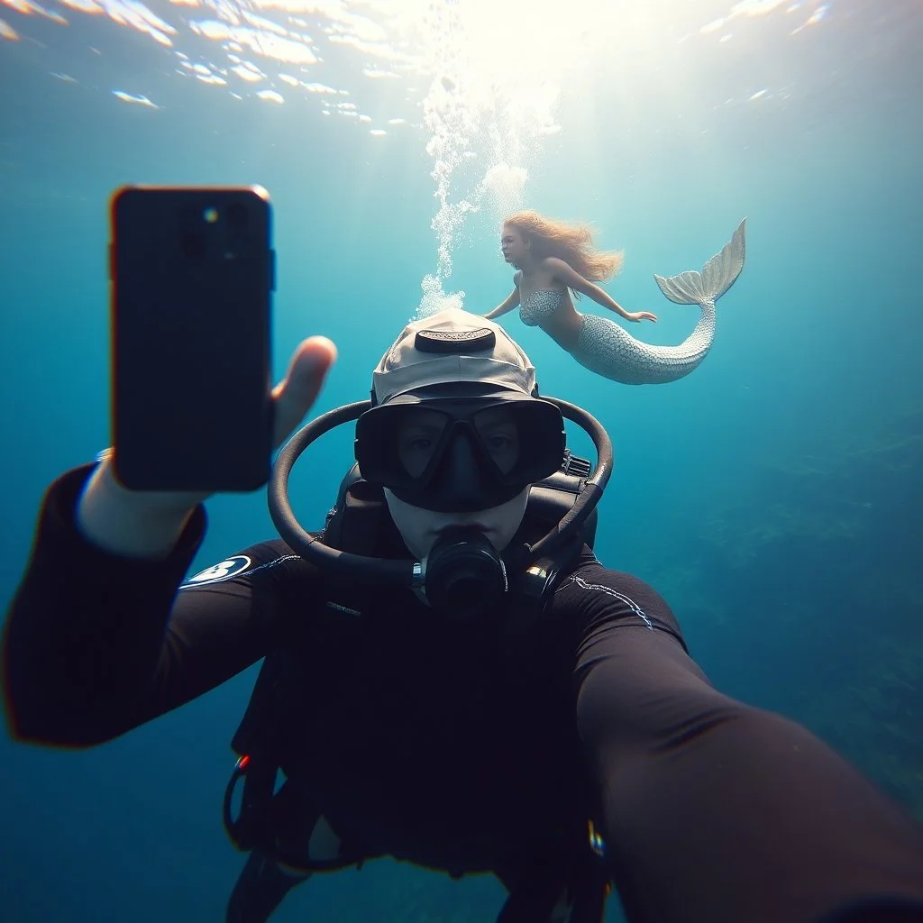 photobomb, picture of a scuba diver taking a selfie underwater, far behind the diver in the far background is a fantastical beautiful mermaid swimming, photoreal HD quality, depth of field