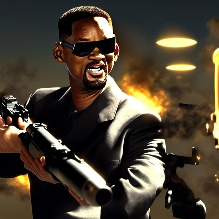 portrait, will smith from 'Men in Black', firing massive gun, scared, dynamic lighting, 8k, ultra detailed