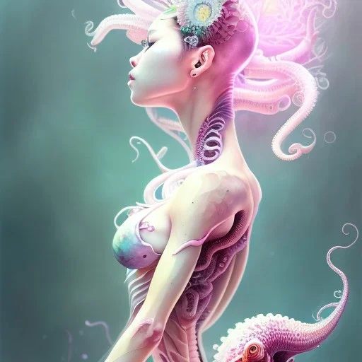  Asian woman, leaning pose, octopus, pink short hair, latex suit, style <Yoji Shinkawa>, Bones, watercolor illustration by <agnes cecile> squid, plants, wildflower, intricate detail , portrait, high lighting, Gradient background,