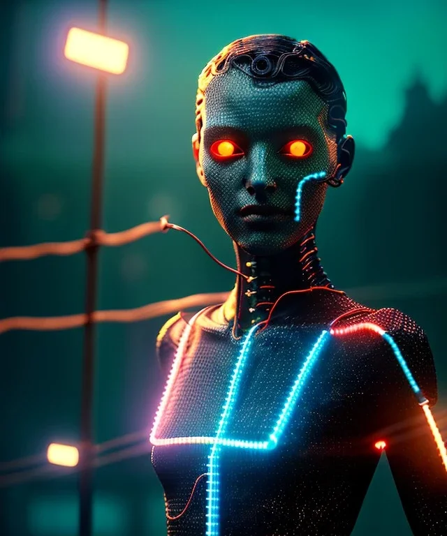 Ultra realistic photographic night portrait, cinematic, brunette woman, <hanging wires> <retro monitor> many wires coming out of the head <perfect pupil> <cyborg arm> <garage> <wide angle Shot> <sci-fi futuristic> <thriller>, led lights, color fog, soft color, highly detailed, unreal engine 5, ray tracing, RTX, lumen lighting, ultra detail, volumetric lighting, high definition.