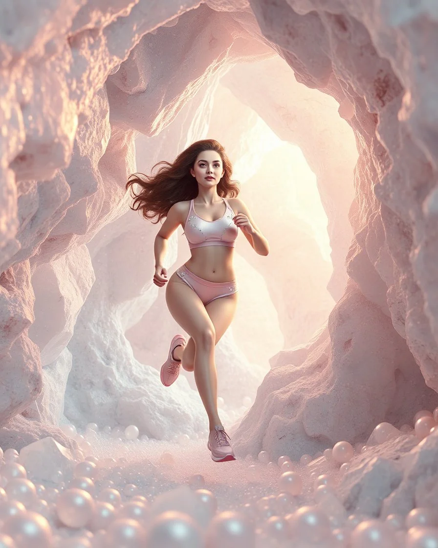 make a picture pretty crystal cave covered with jwellary and 3d recursive cubic and sphere base pearls and a beautiful goddess lady with cute,curvy hair,makeup, in pretty sports suit with jewels is running inside cave ,dynamic camera fallow her inside cave capturing full body, dynamic lights.