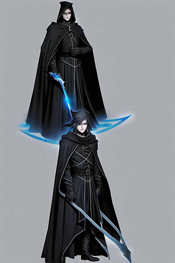 The commander wears a black cloak and a long coat with long combat boots and a long spear with a hat under his cloak with blue flame eyes, a sword like a spear