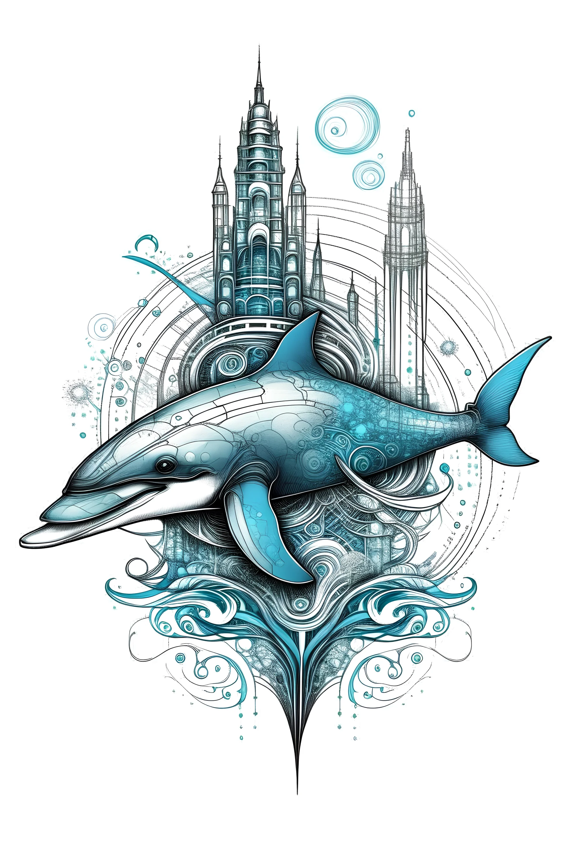 Design a Galactic Dolphin with digital fins exploring an underwater city, white background, sketch style, full body, and intricate mandala details for a mesmerizing touch