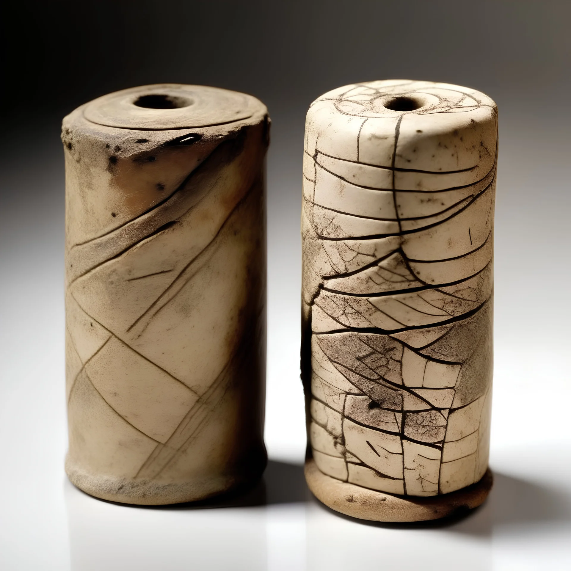 two clay cylinders covered with etchings in a strange language. small and fragile, with large cracks running down their sides