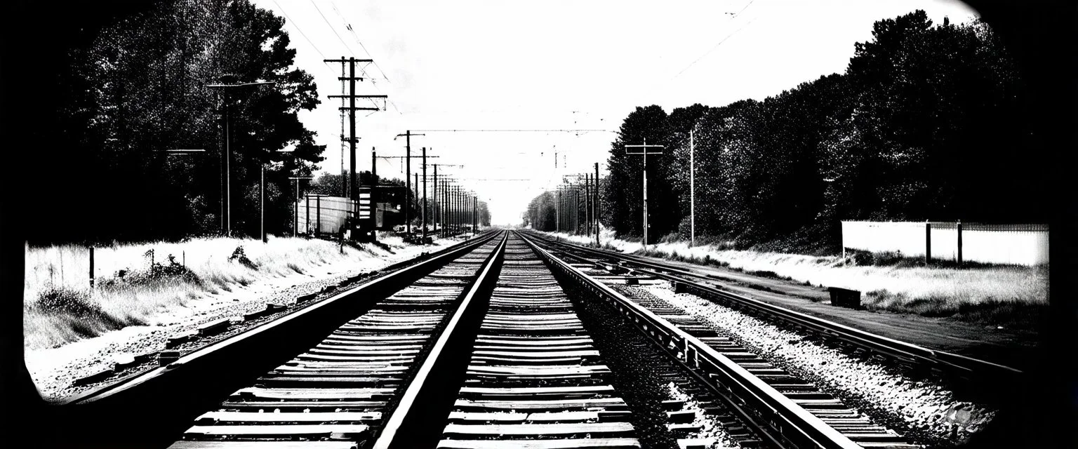 view of Railroad tracks passing from side to side , black and white, oval fade boarder vignette