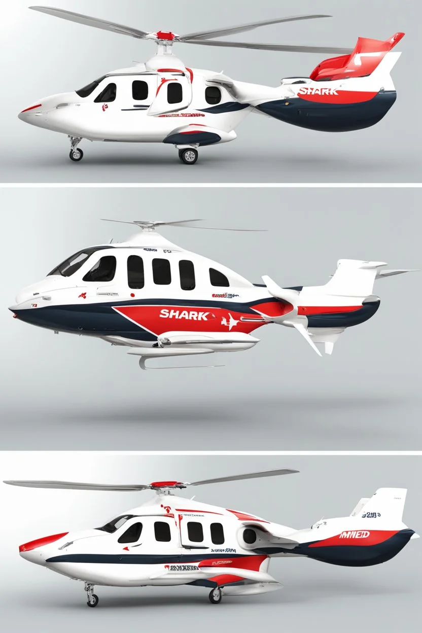 aeroplane airmed air ambulance inspired by shark with side view , quarter view and front view