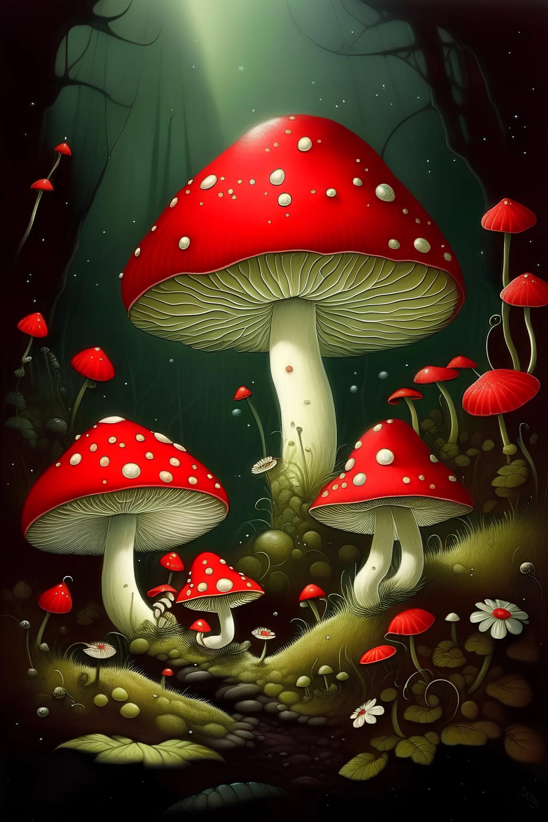 Mischievous gremlin, amanita muscaria mushroom inspired aesthetic, rich hues of red and white, hallucinatory and whimsical detailing, soft dream-like lighting, captured in mid-action, by Mary Blair and Theodor Kittelsen