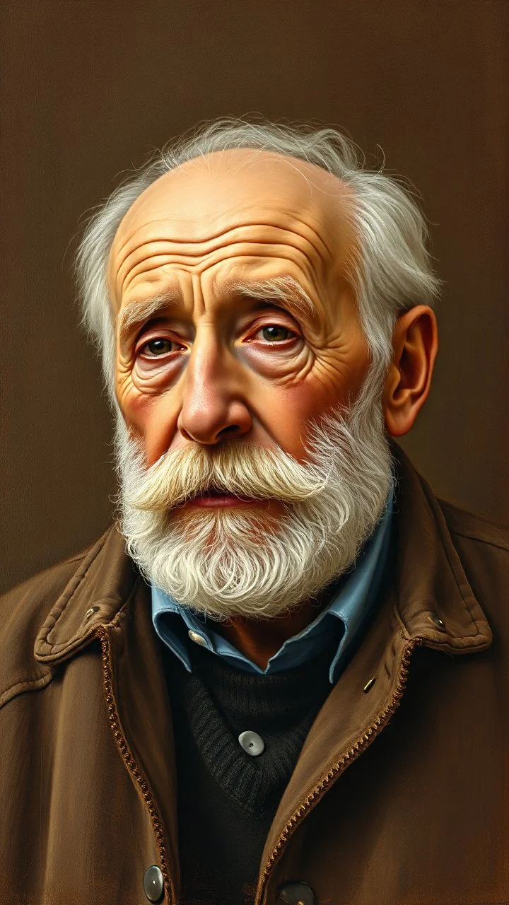 grant wood painting style , a portrait of an old man light brown colored