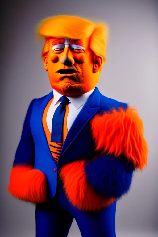 a Film Photograph of an orange Donald Trump Muppet made of felt and fur wearing a dark blue suit and red tie, lips are pursed