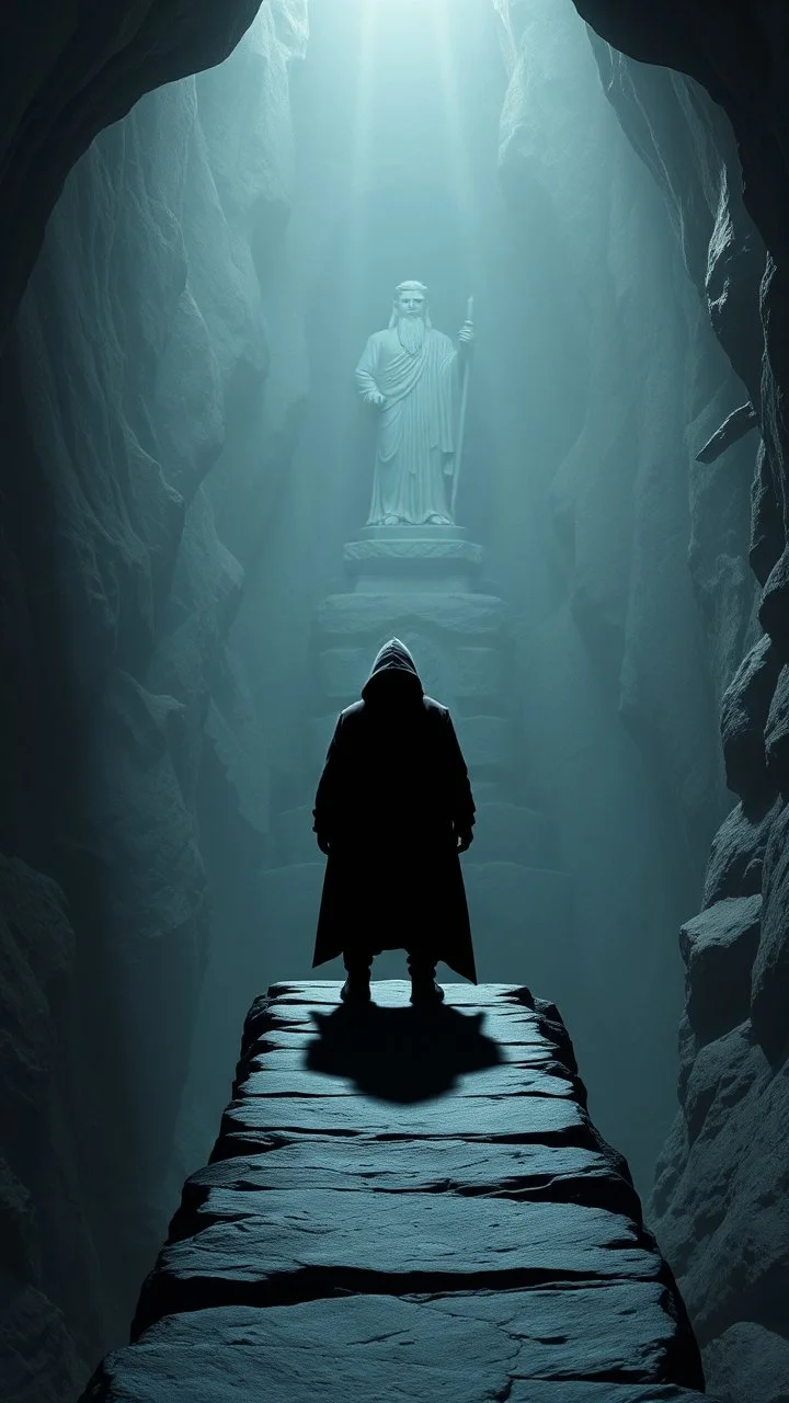 A hooded creature shadow standing on a narrow black stone path above the ground in a cave which has a tall god statute