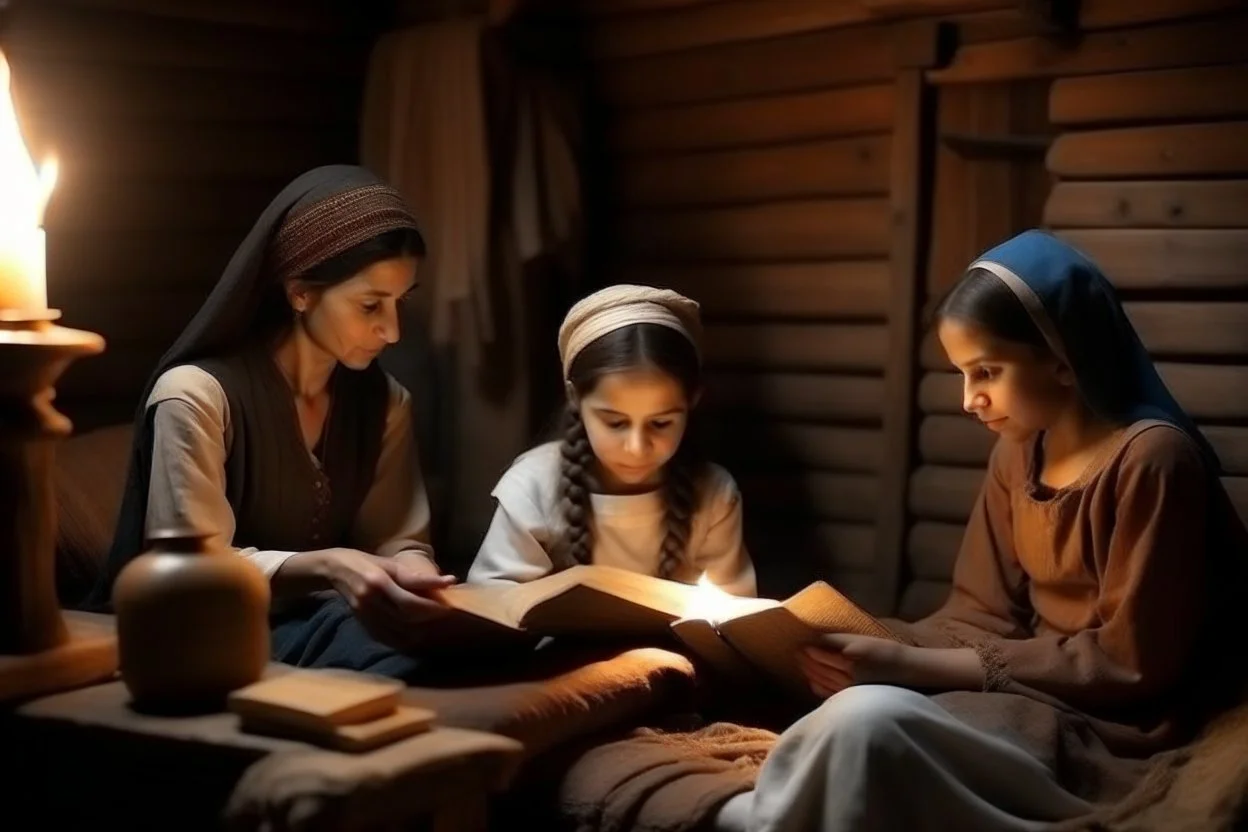 A close-up scene of an Arab mother reading the story from a book with her children around her in the room of the old wooden house near the fireplace 100 years ago.