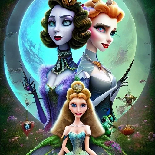 extrem tim burton style and disney style of the evil stepsisters, sharp focus, beautiful eyes