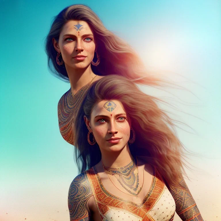 One beautiful portrait of on woman goddess of love with lot's of grain on her skin, blue eyes, with natural hair floating in the wind smiling facing camera, tatoos, dress with celtic shapes and patterns, mystic, spiritual, mantra background, orange color scheme, high key lighting, volumetric light high details with white stripes and feathers unreal 5, octane render, cinema4d, dynamic lighting, dramatic lighting, 4k, redshift render, highly detailed, hyper realistic, sunse