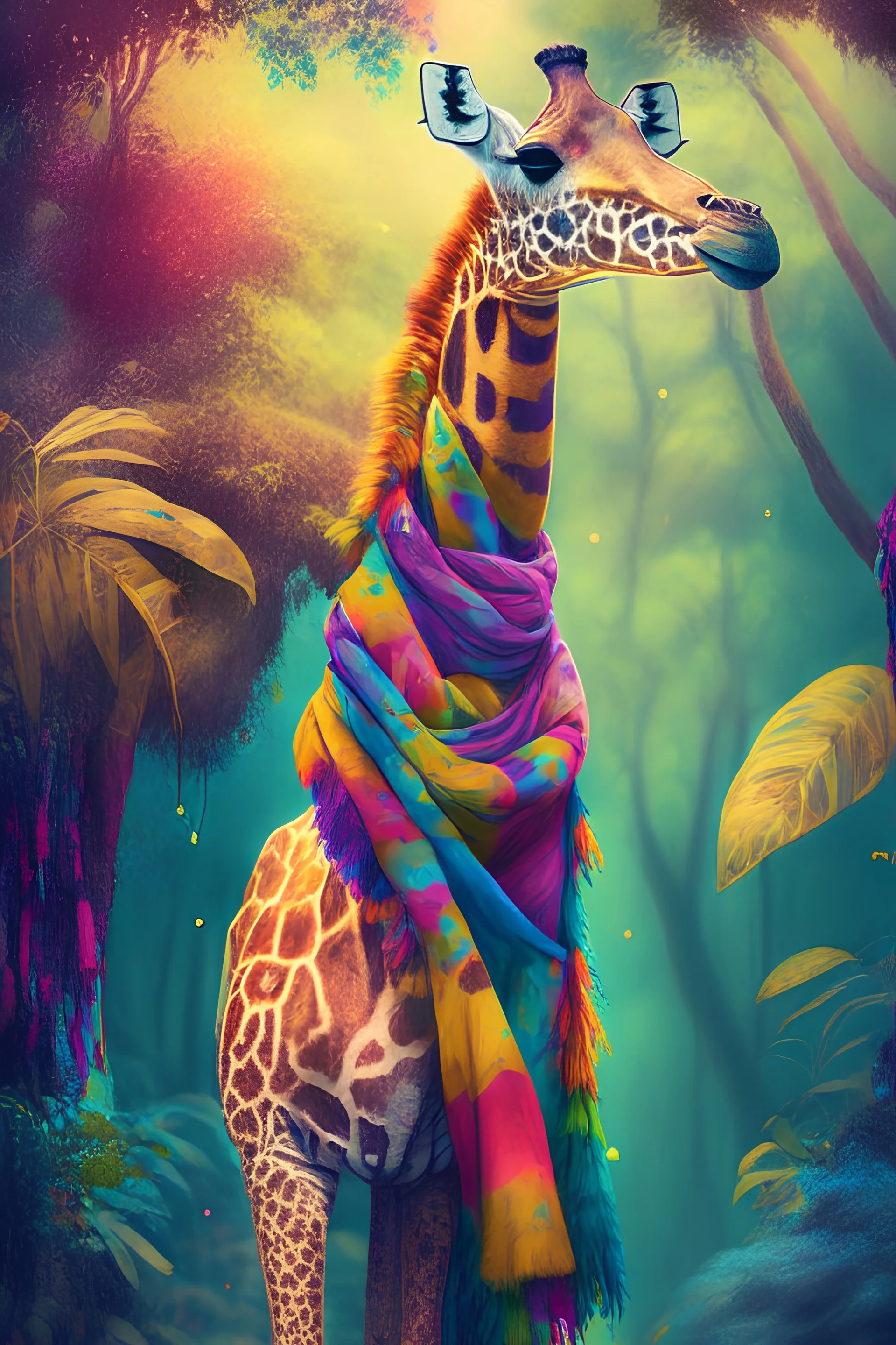 A giraffe with a long colorful scarf in a magical jungle