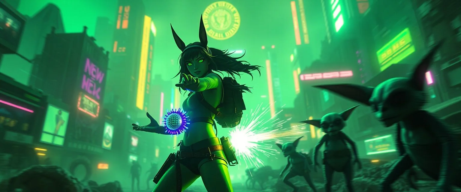 cyberpunk space city, in valley, close up on A space pirate priest rogue cowboy girl with disco ball rocket shooting sparks backpack named Daisy started doing the splits, Blew a fuse in his hips and short-circuited his bits, The Martian fluffy gremlins went wild, the Plutonians dogs screamed, Even black-and-white aliens turned ultraviolet green! in the style of fallout 4 and HR Giger, background motion blur , and volume fog spot lights