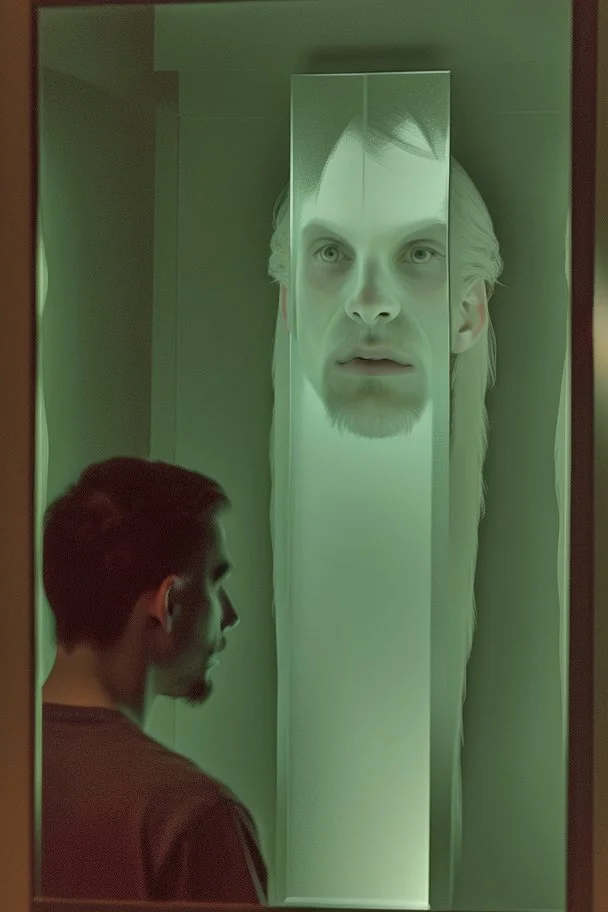 a man looking into a mirror and seeing a horrifying, abstract ghostly reflection