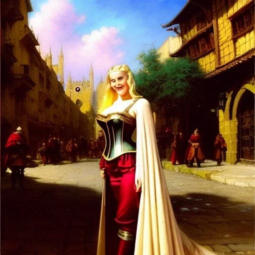 fullbody portrait 'beautiful blonde massivebreasts medieval woman on street in medieval city',corset,painting by gaston bussiere, greg rutkowski, yoji shinkawa, yoshitaka amano, tsutomu nihei, donato giancola, tim hildebrandt, oil on canvas, cinematic composition,sharp image, extreme detail,((fit full head inside picture)),32k