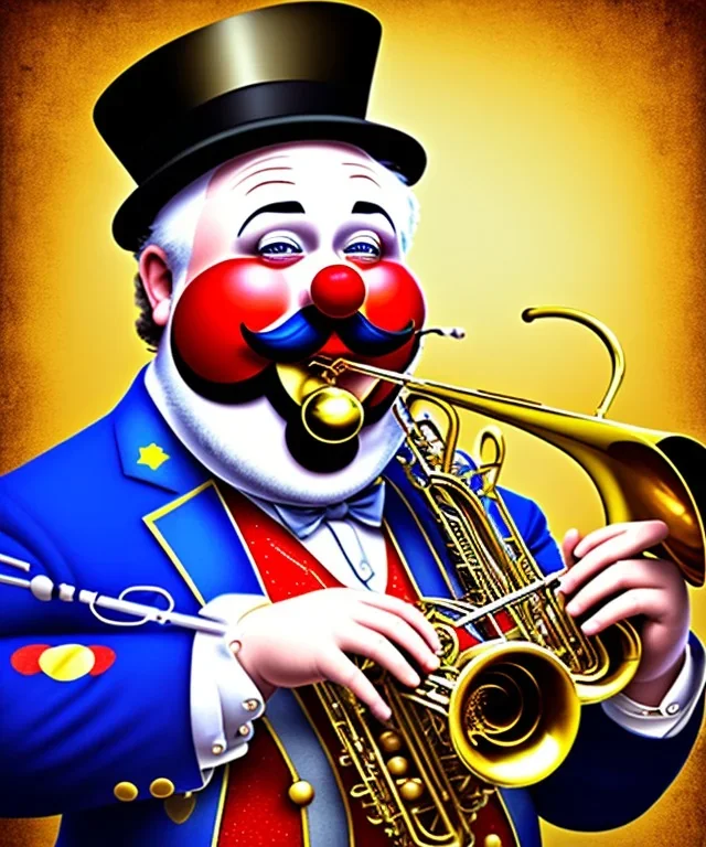 happy old friendly fat clown with round head and trimmed beard playing jazz with a steampunk theme, trumpet, circus, realistic