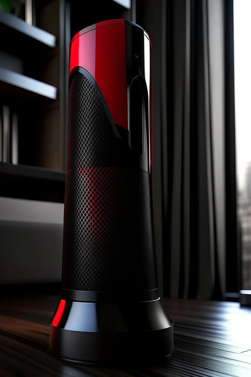 portable speaker, form inspired by avengers tower, architecture form, modern design style and black and red color