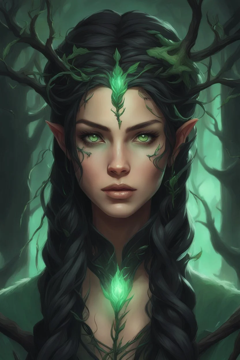 Young beautiful female Hexblood Warlock, lightly tanned skin, long dark brown-black hair styled in elegant half-braids, glowing pale emerald-green eyes, delicate facial features. Thin twisted black thorn-like branches grow naturally from one side of her head, weaving seamlessly through her hair like an eerie crown, with tiny dark leaves and vine-like roots blending into her scalp. Faint dark vine markings trail along her neck and collarbone. Dark fantasy, realistic, cinematic, highly detailed.